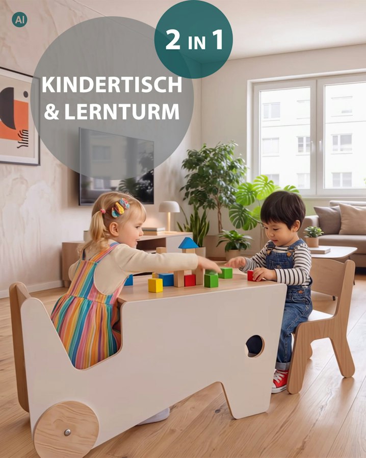 Lernturm und Kindertisch, Tischgrösse für 2 Kinder und Ergonomie
